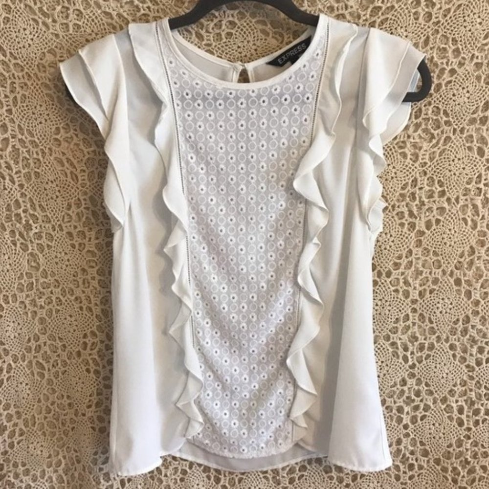 Embroidered Ruffled-Front Flutter Sleeve Blouse XS - Picture 3 of 16